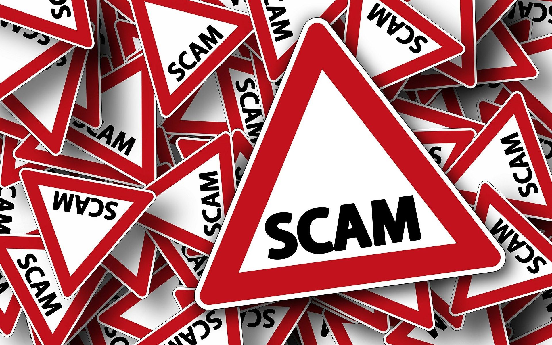 Signs with the word "scam" on each