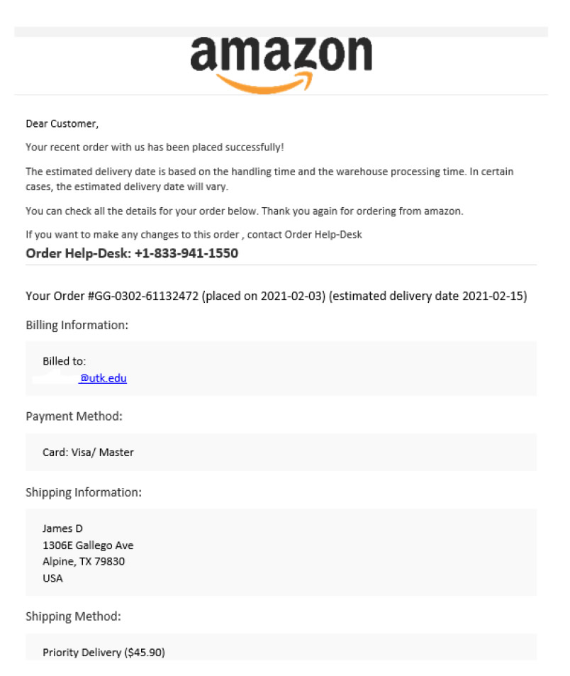 a sample of the fake email from Amazon