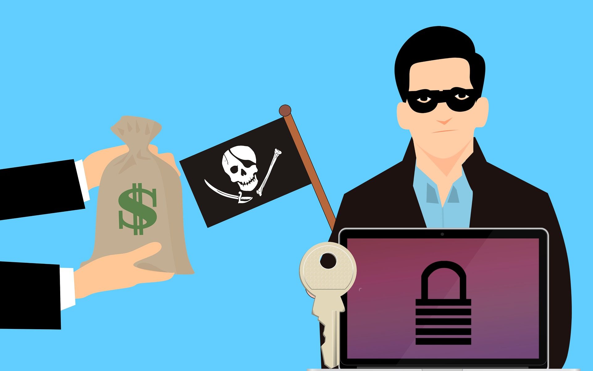man with a max sitting behind laptop with a key and padlock holding a pirate flag while another man hands him a money bag