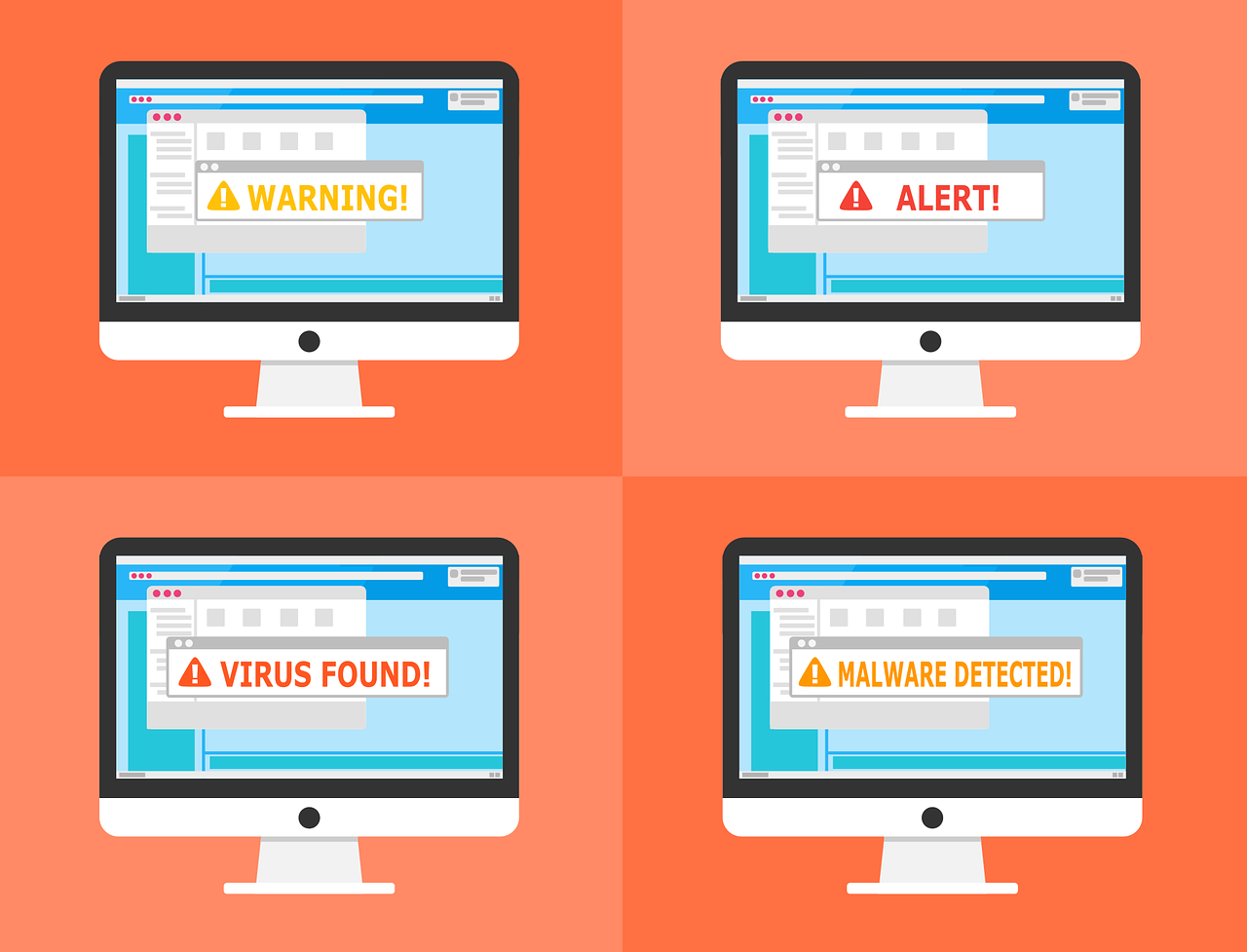 Monitors showing the words Warning! Alert! Virus Found! Malware Detected