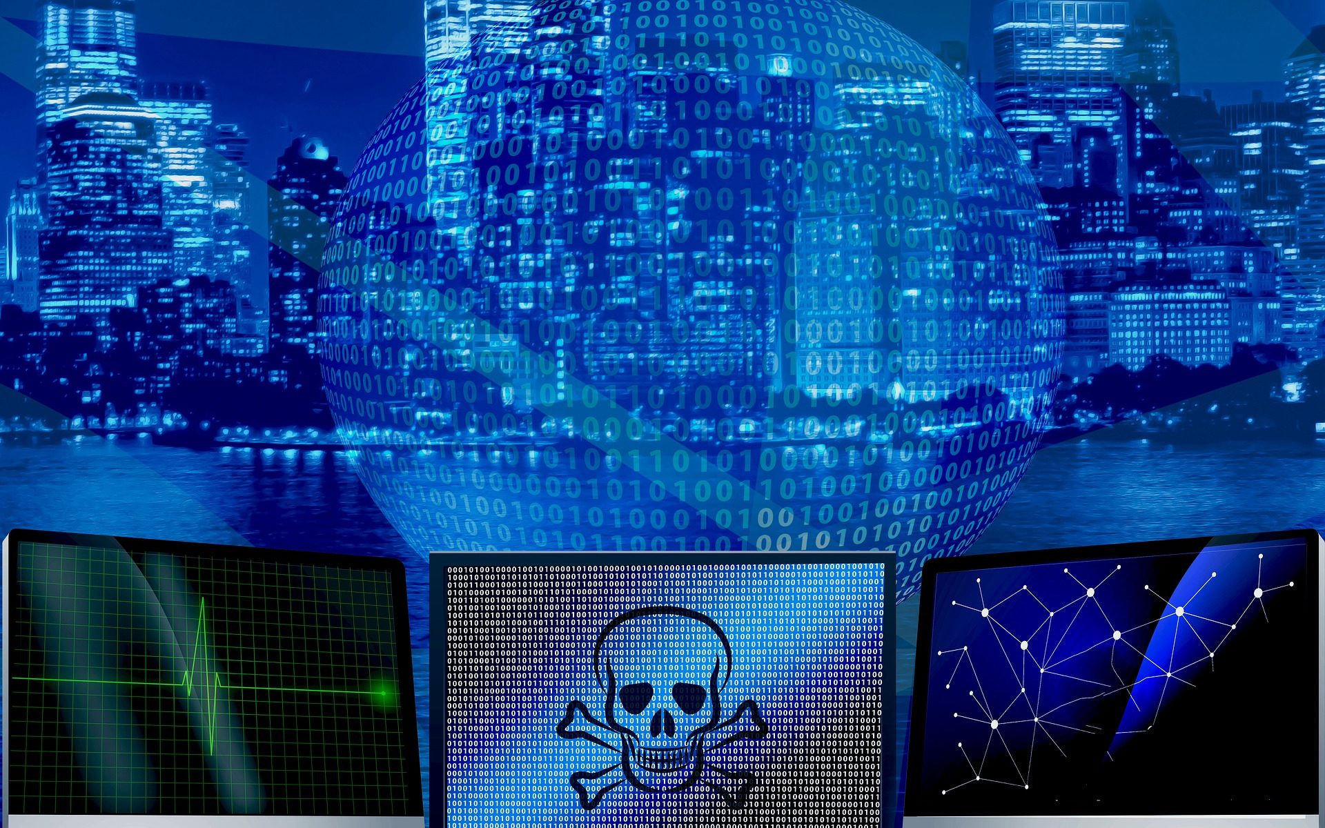 three computer monitors, one with skull and crossbones, in front of binary globe with a large city in background
