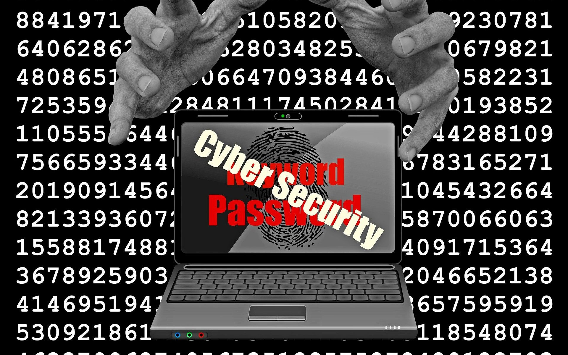screen showing binary code in the background with a pair of hands reaching toward a laptop that says password protected on the screen