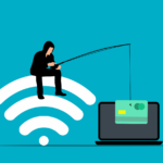 main dressed in all black sitting on a wifi symbol phishing for credit card on a laptop