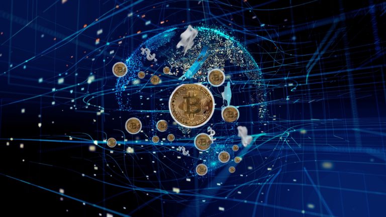 Earth with bitcoins floating around