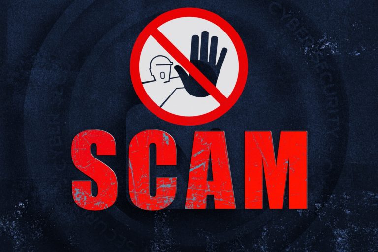 a hand with the circle and line through it with the word scam written below