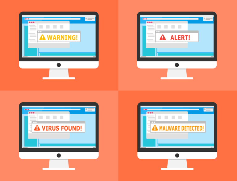 shows four monitors each with a different warning of malware