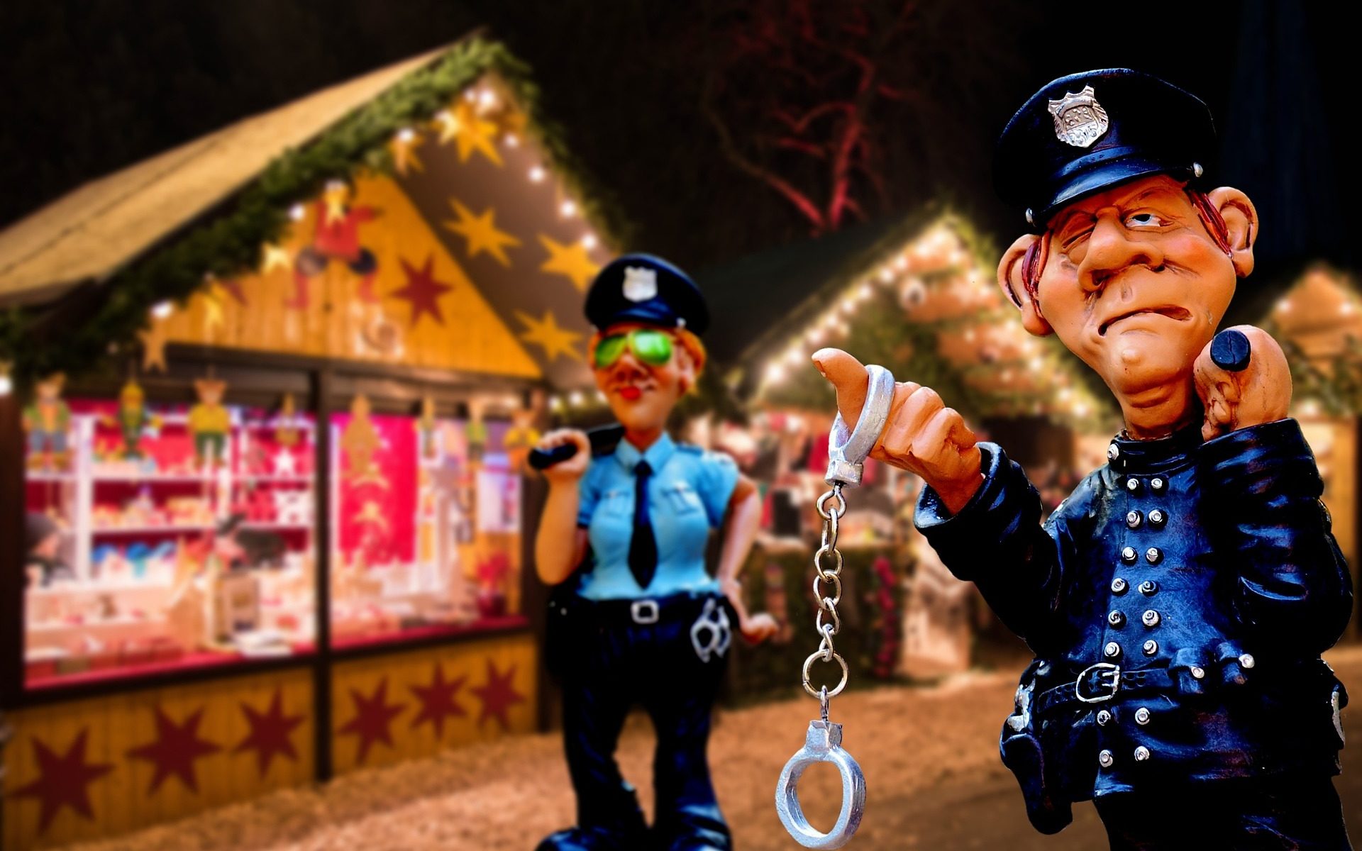 Claymation police officers in front of a Christmas shop