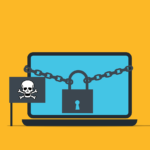 cartoon laptop with chain and padlock, plus a pirate's flag