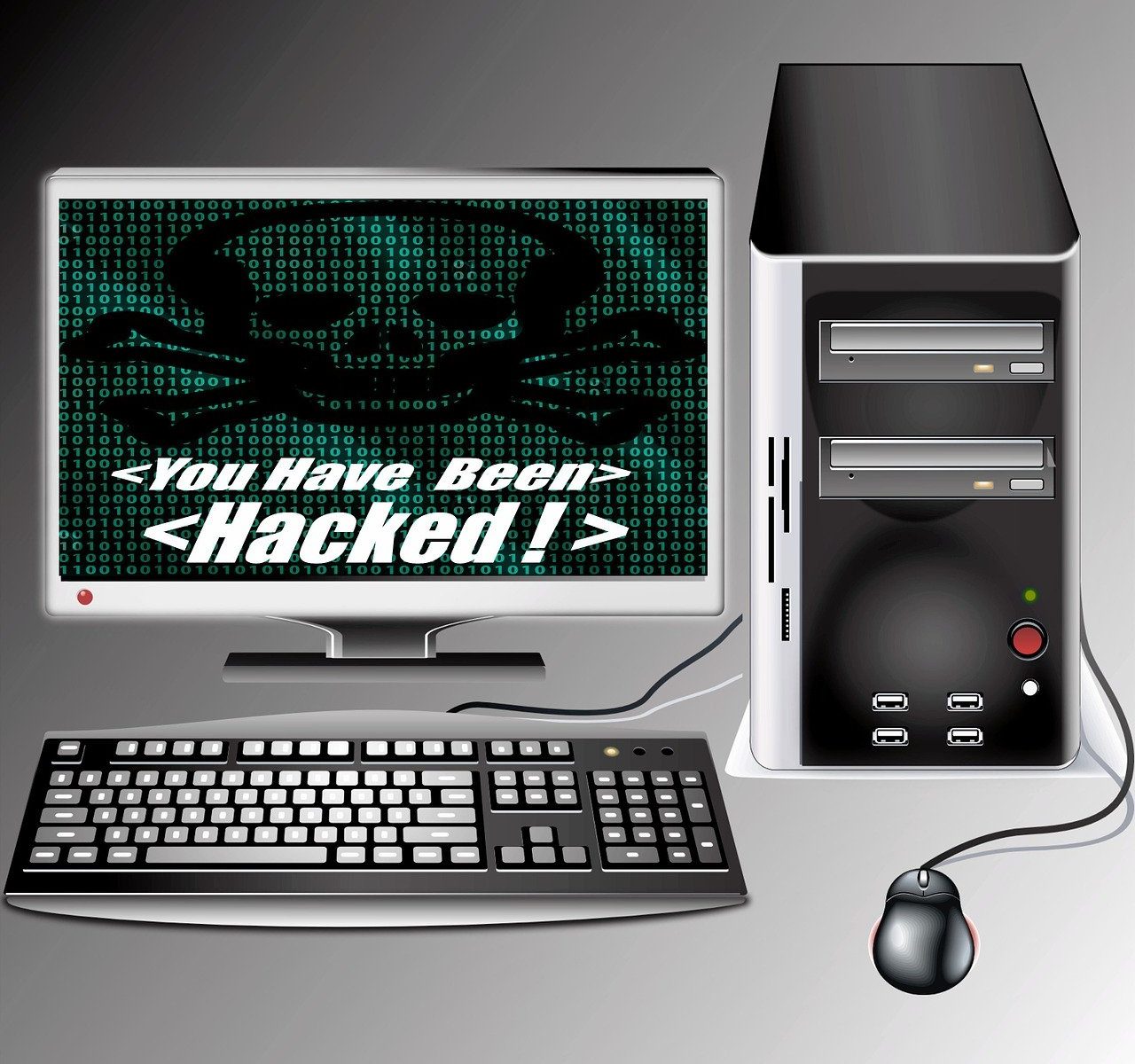 Computer with monitor and the monitor says "You have been hacked!"