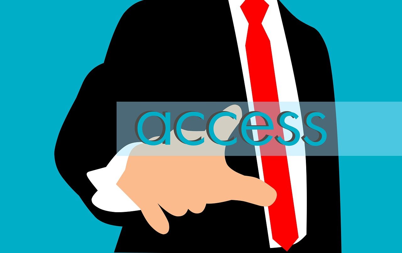 Drawing of a man in a suit pointing at the word "access"