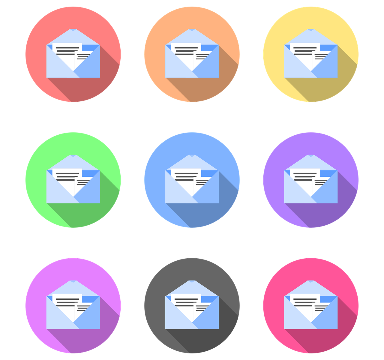 Nine envelopes with each in a different color circle