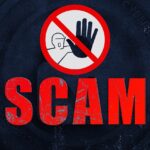 Picture of the word "scam" with a drawn person holding up hand and has a red circle with a line through it.