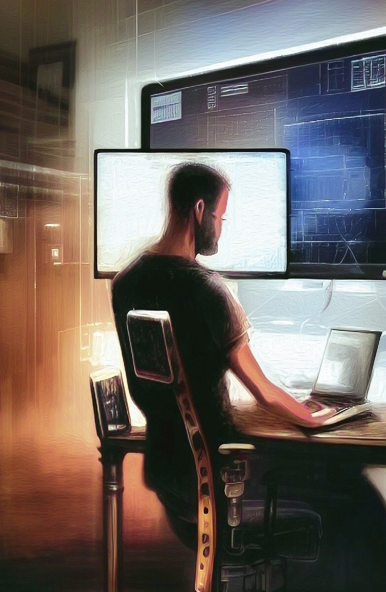 AI-generated photo of a man working at a computer