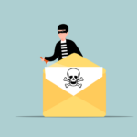 Masked intruder standing behind an email with a skull and crossbones.