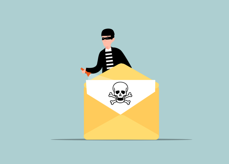 Masked intruder standing behind an email with a skull and crossbones.