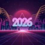 Drawing of buildings and palm trees behind "2026"