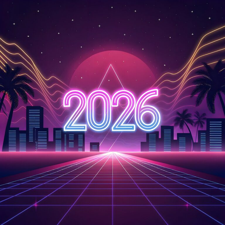 Drawing of buildings and palm trees behind "2026"