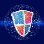 Security shield with binary code in the background and global connections around the shield