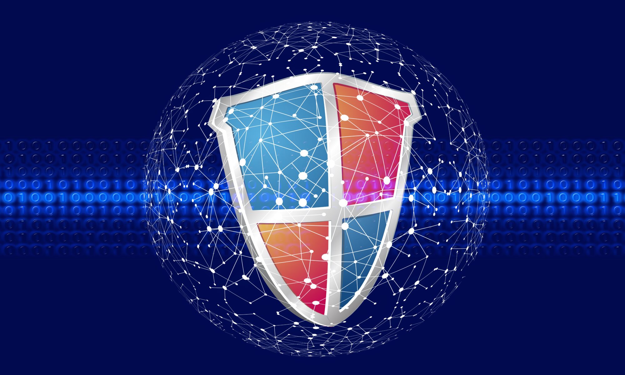 Security shield with binary code in the background and global connections around the shield