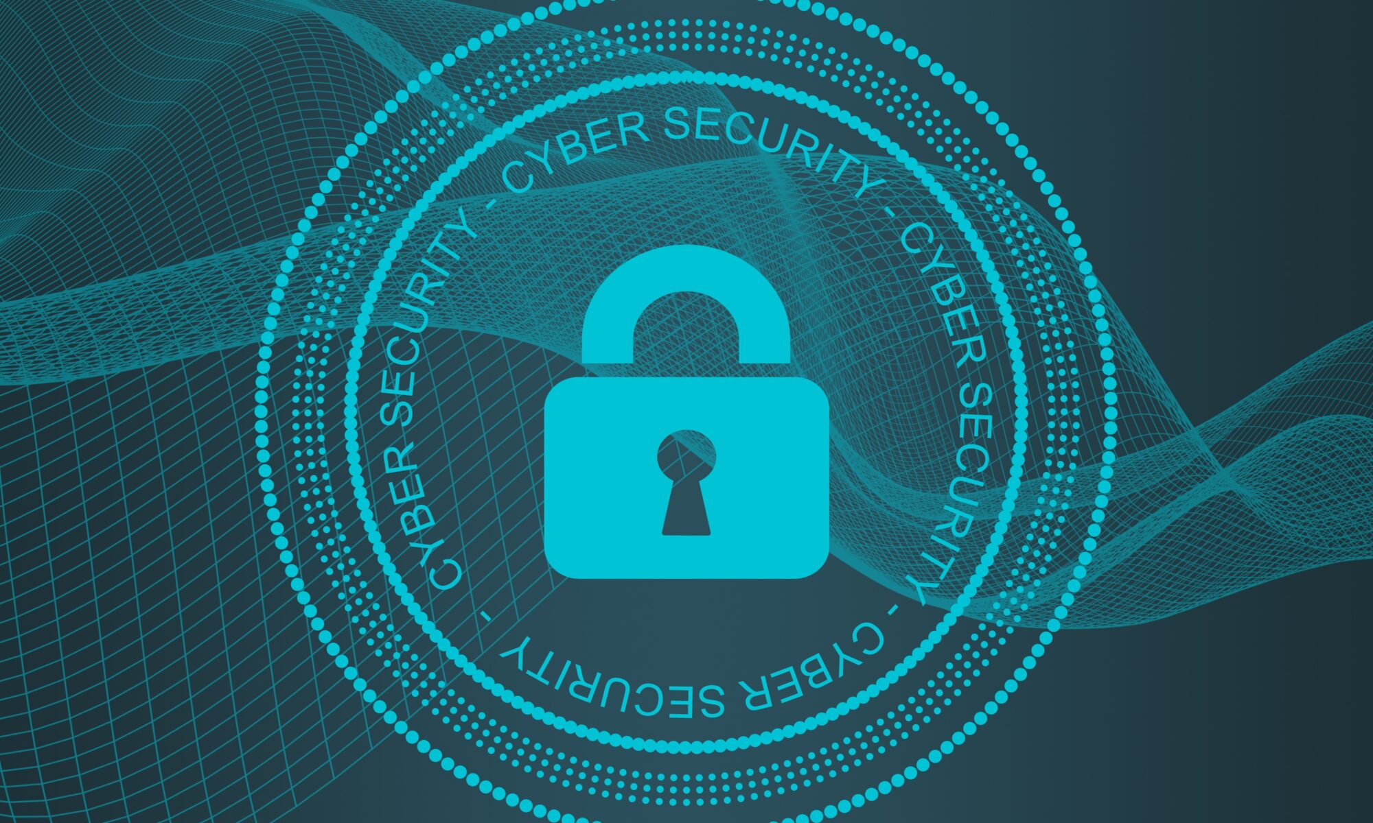 Circle with a padlock inside and the words "Cyber Security all around the lock