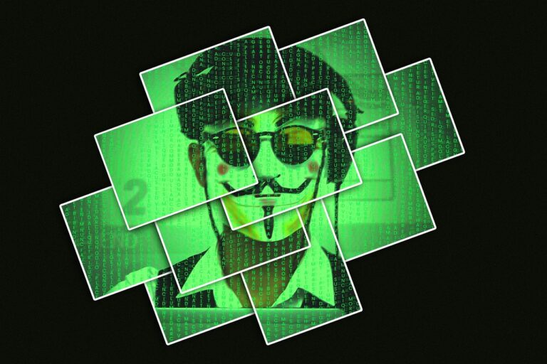 various photos put together to show a scam hacker with anonymous mask