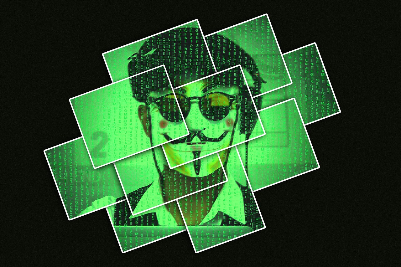 various photos put together to show a scam hacker with anonymous mask