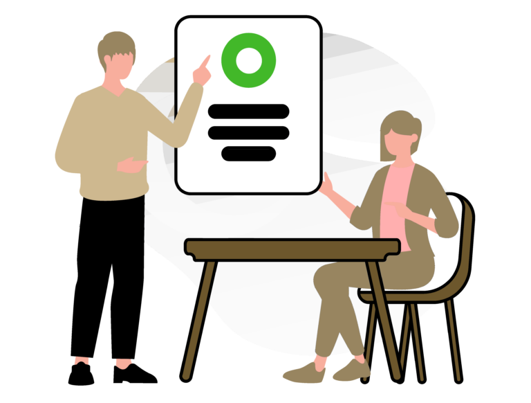 one person is teaching someone sitting at a desk