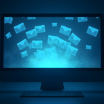 Computer monitor showing a lot of email envelopes floating around