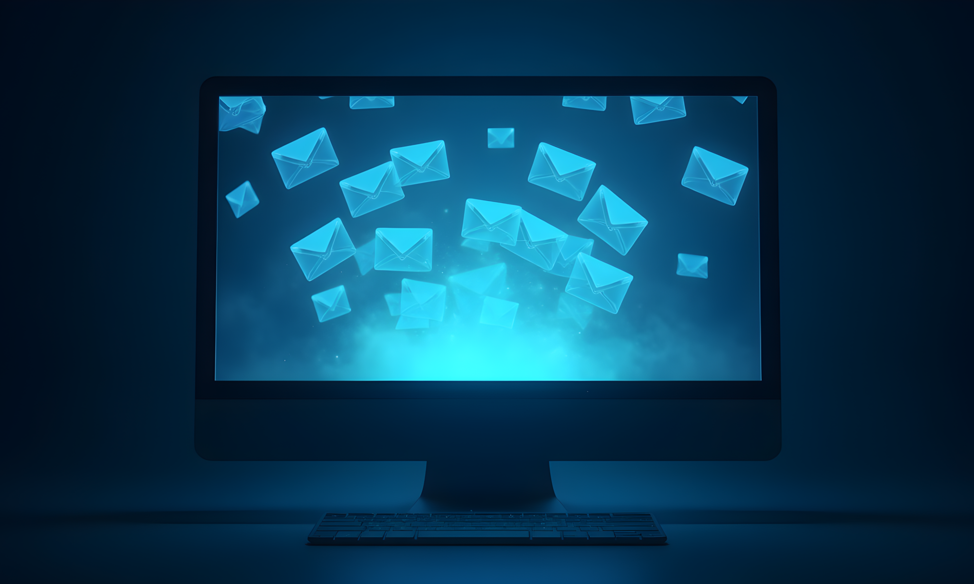 Computer monitor showing a lot of email envelopes floating around