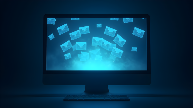 Computer monitor showing a lot of email envelopes floating around